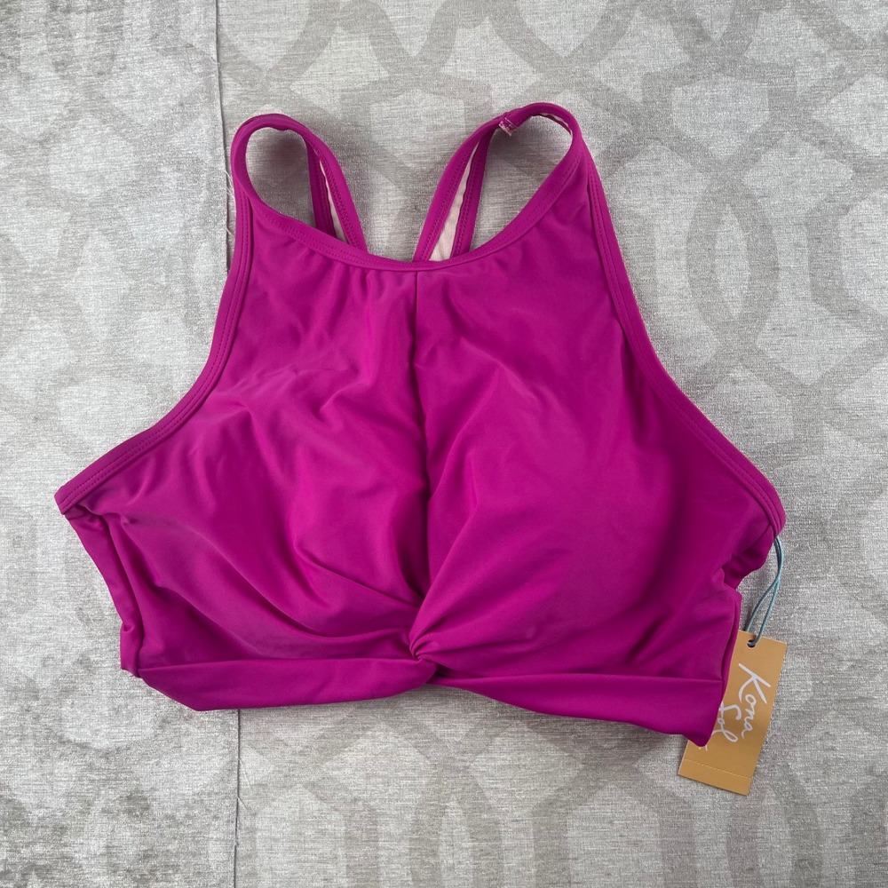 Kona Sol Twist Front High Neck Bikini Top Women Large Pink NWT Swimwear